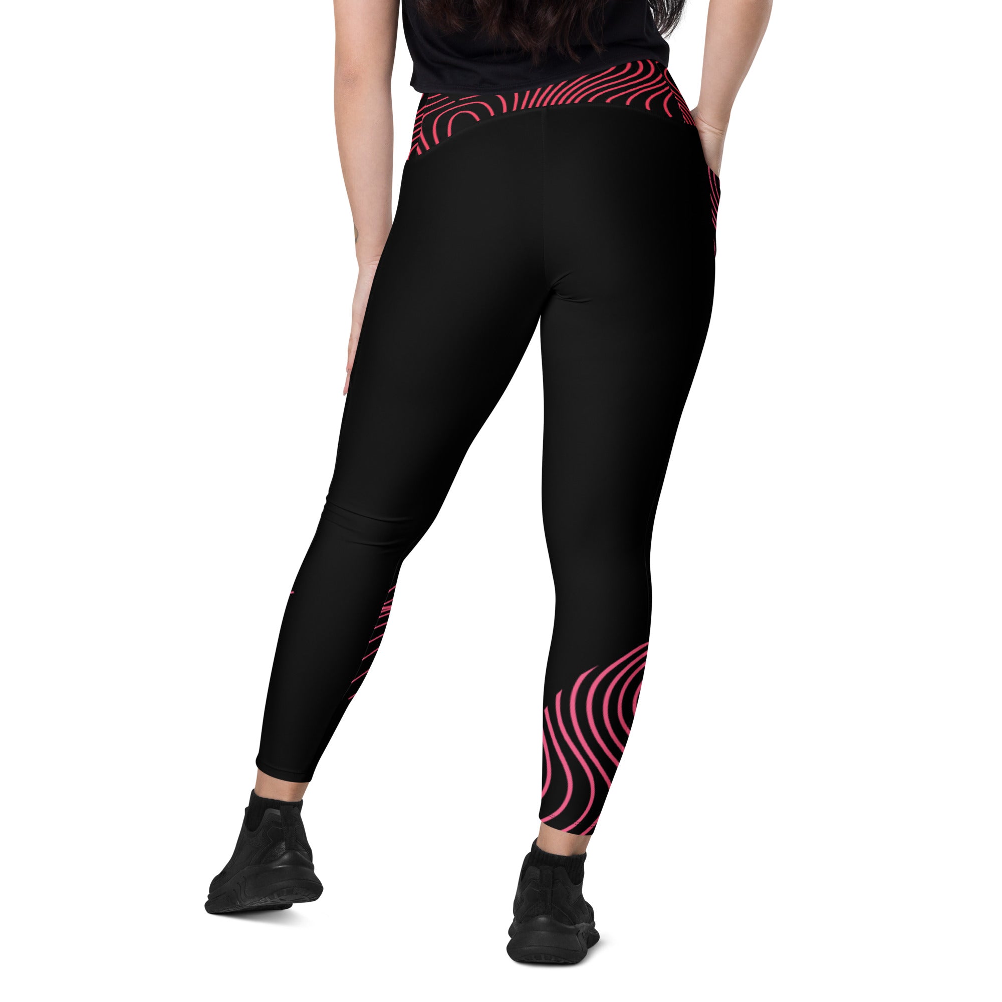 Black crossover leggings with pockets- activewear for gym girls. Fitness or yoga pants. RippleFX by WickedYo.